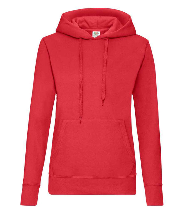 The Fruit of the Loom Classic Lady Fit Hooded Sweatshirt features a plain red design, drop shoulders, front kangaroo pocket, and drawstring hood. Made from soft cotton Lycra by Fruit of the Loom, shown against a white background.