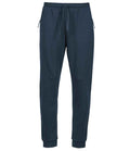 The Tee Jays Athletic Sweat Pants by Tee Jays are dark blue jogger-style sweatpants made with organic cotton, featuring an elastic waistband, adjustable drawstring, side pockets, and cuffed ankles.