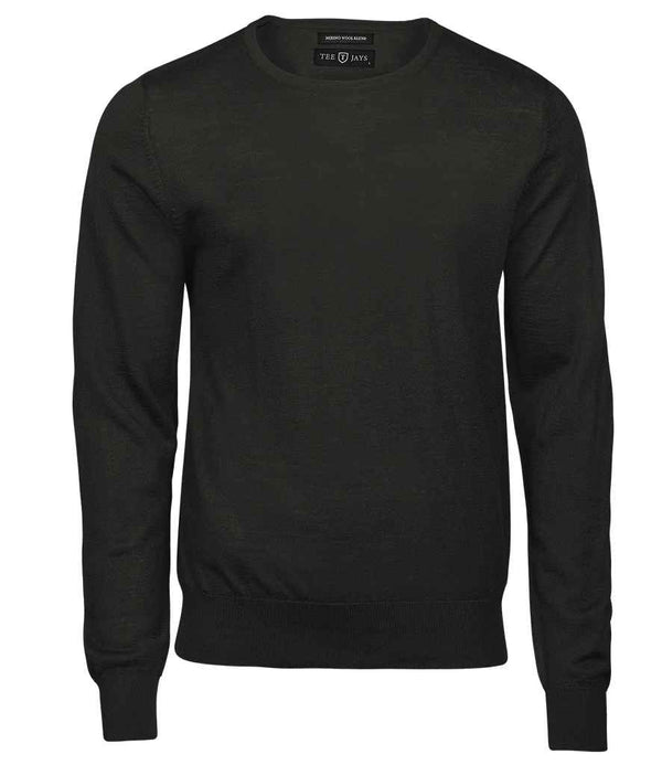 The Tee Jays Merino Blend Crew Neck Sweater by Tee Jays is a plain black, long-sleeve sweater with a tailored fit. It features ribbed cuffs, hem, and neckline, and is shown against a white background.