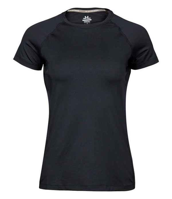 The Tee Jays Ladies CoolDry™ T-Shirt by Tee Jays is shown front-on against a white background. This black short-sleeve athletic tee features a crew neck, quick-drying fabric, and a small inner collar label, with no visible external logos or patterns.