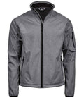 A front view of the Tee Jays Lightweight Performance Soft Shell Jacket—a gray mens zip-up by Tee Jays with a stand collar, two zippered side pockets, a left sleeve zippered pocket, and a smooth, slightly fitted appearance.