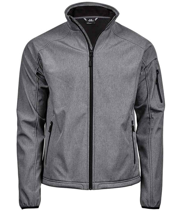 A front view of the Tee Jays Lightweight Performance Soft Shell Jacket—a gray mens zip-up by Tee Jays with a stand collar, two zippered side pockets, a left sleeve zippered pocket, and a smooth, slightly fitted appearance.