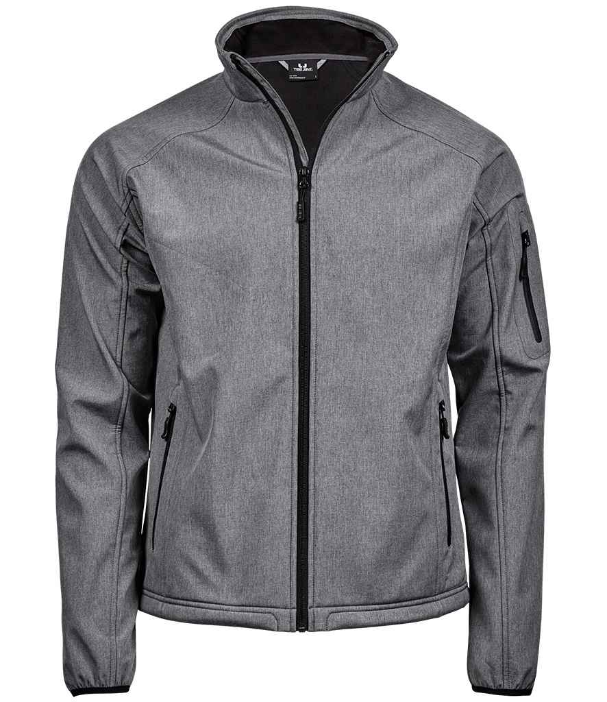 A front view of the Tee Jays Lightweight Performance Soft Shell Jacket—a gray mens zip-up by Tee Jays with a stand collar, two zippered side pockets, a left sleeve zippered pocket, and a smooth, slightly fitted appearance.