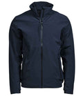 The Tee Jays All Weather Jacket by Tee Jays is a dark navy zip-up with a high collar, long sleeves, two side pockets, and a chest pocket with vertical zipper. Made from recycled polyester, this fitted jacket blends style and function.
