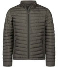 The Tee Jays Zepelin Padded Jacket is a gray, quilted, showerproof puffer with a zipper closure, two zippered side pockets, a short stand-up collar, horizontal stitching, and is made from recycled polyester.