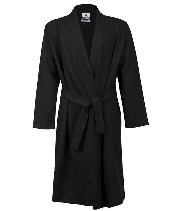 The Towel City Kids Robe by Towel City is a black, knee-length kimono bathrobe with long sleeves and a matching fabric belt at the waist, made from soft single jersey fabric and shown against a white background.
