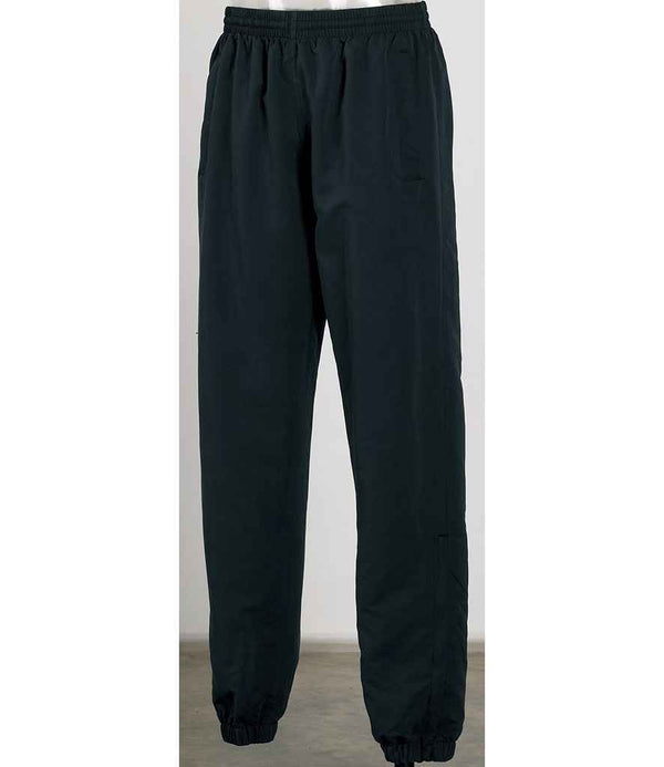 Tombo Cuffed Track Pants by Tombo—plain black, windproof track pants featuring an elastic waistband, elastic ankle cuffs, and a comfy mesh lining, shown against a neutral background.