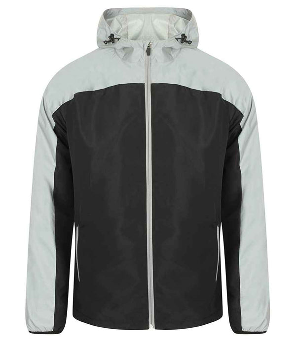 The Tombo Hi-Vis Performance Jacket by Tombo is a black and light gray breathable hooded zip-up with long sleeves and side pockets, shown from the front against a white background.