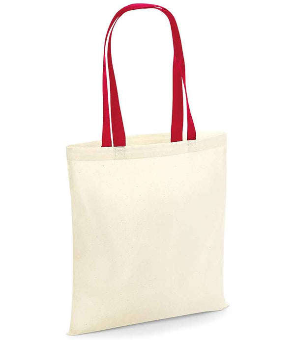 The Westford Mill Bag For Life - Contrast Handles by Westford Mill is a plain, light-colored canvas tote with two long red handles. It stands empty and upright against a white background.