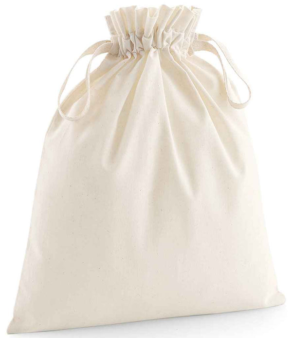 The Westford Mill Organic Cotton Drawcord Bag stands upright with its off-white top gathered by a sturdy herringbone tape closure, photographed against a white background.