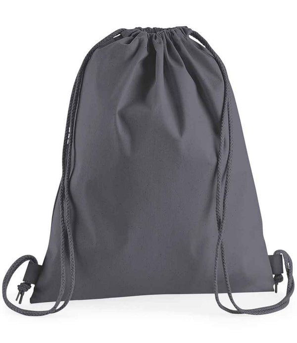 The Westford Mill Premium Cotton Gymsac by Westford Mill is a plain dark gray fabric backpack with rope drawcord closure, drawstrings from top to bottom corners, and a practical 12 litre capacity, shown against a white background.
