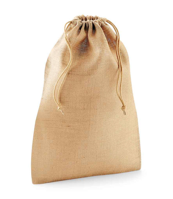 The Westford Mill Jute Stuff Bag by Westford Mill features a plain brown design, standing upright with a double drawcord closure at the top against a simple white background.