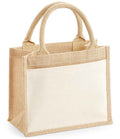 The Westford Mill Pocket Jute Gift Bag by Westford Mill is a beige canvas tote with a burlap texture, sturdy cotton handles, a front canvas pocket, and 6L capacity. It stands upright on a white background.