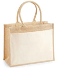 The Westford Mill Pocket Jute Shopper by Westford Mill is a beige rectangular tote with sturdy handles, a large front pocket, and 21L capacity. Made from cotton canvas and jute, it stands upright when empty.