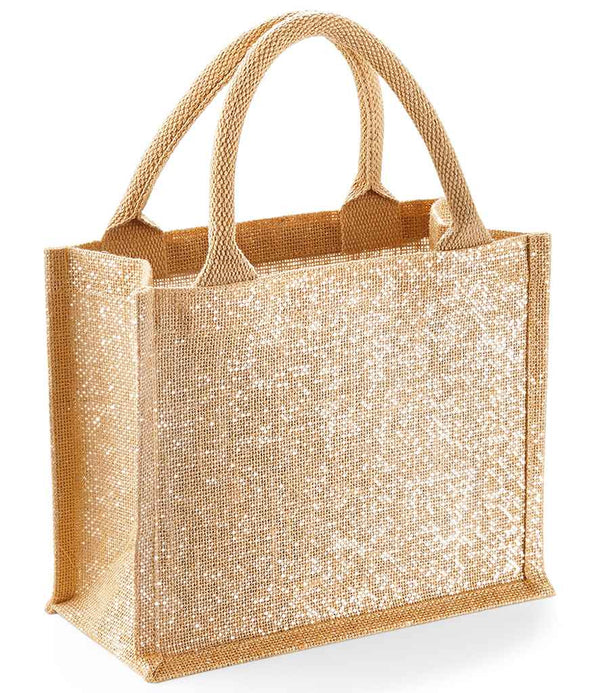 The Westford Mill Shimmer Jute Mini Gift Bag by Westford Mill is a beige tote with cotton handles, a glittery gold front, and a rectangular upright shape. It holds 6 litres—perfect for daily essentials and stands out on any occasion.