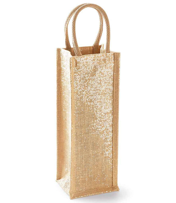 The Westford Mill Shimmer Jute Bottle Bag is a tall, rectangular gift bag made from textured jute with cotton handles and a shiny gold glitter finish.