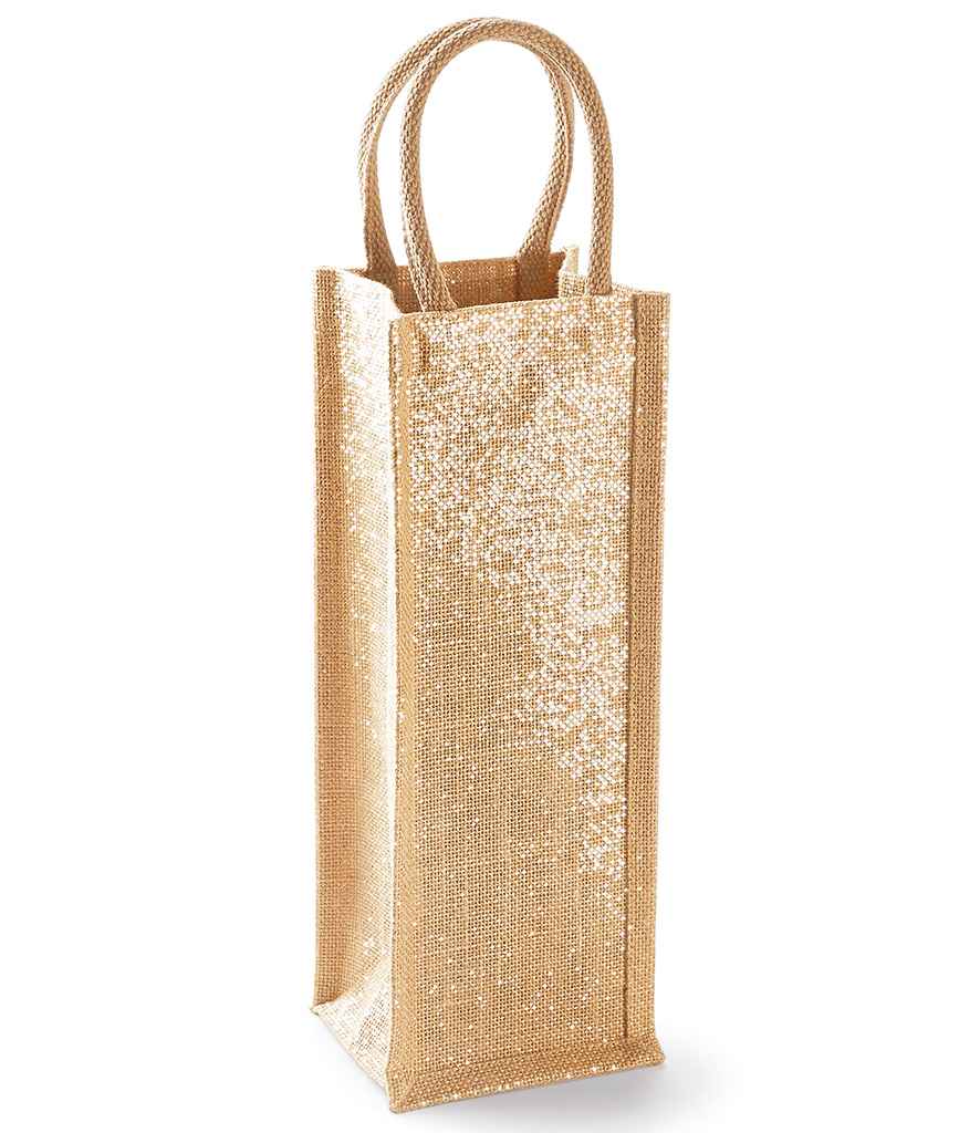 The Westford Mill Shimmer Jute Bottle Bag is a tall, rectangular gift bag made from textured jute with cotton handles and a shiny gold glitter finish.