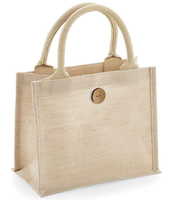 The Westford Mill Juco Mini Gift Bag by Westford Mill is a beige, rectangular jute-cotton tote with sturdy cotton handles, a wooden button closure, textured natural look, stands upright, and has a practical 6L capacity.