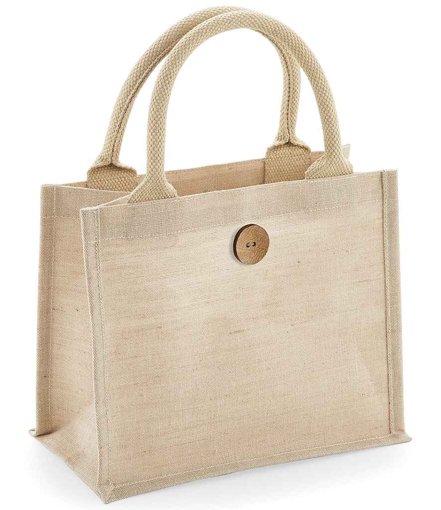 The Westford Mill Juco Mini Gift Bag by Westford Mill is a beige, rectangular jute-cotton tote with sturdy cotton handles, a wooden button closure, textured natural look, stands upright, and has a practical 6L capacity.
