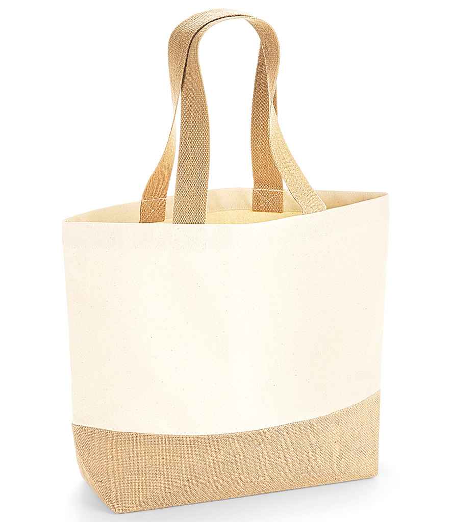 The Westford Mill Jute Base Canvas Tote Bag by Westford Mill features a beige and off-white canvas body, two sturdy cotton webbing straps, and a laminated jute base, shown standing upright on a white background.
