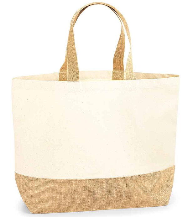 The Westford Mill Jute Base Canvas Tote XL Bag features a beige and off-white design with cotton webbing straps and a textured jute base, standing upright against a plain background.