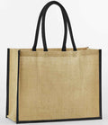 The Westford Mill Natural Starched Jute Classic Shopper is a beige tote with black edging and sturdy cotton handles. Standing upright, this unadorned rectangular bag by Westford Mill offers a spacious 21-litre capacity for daily use.