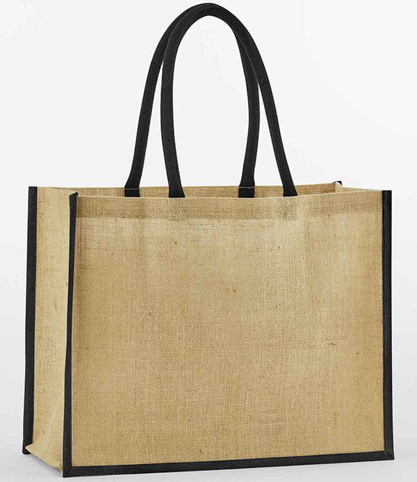 The Westford Mill Natural Starched Jute Classic Shopper is a beige tote with black edging and sturdy cotton handles. Standing upright, this unadorned rectangular bag by Westford Mill offers a spacious 21-litre capacity for daily use.