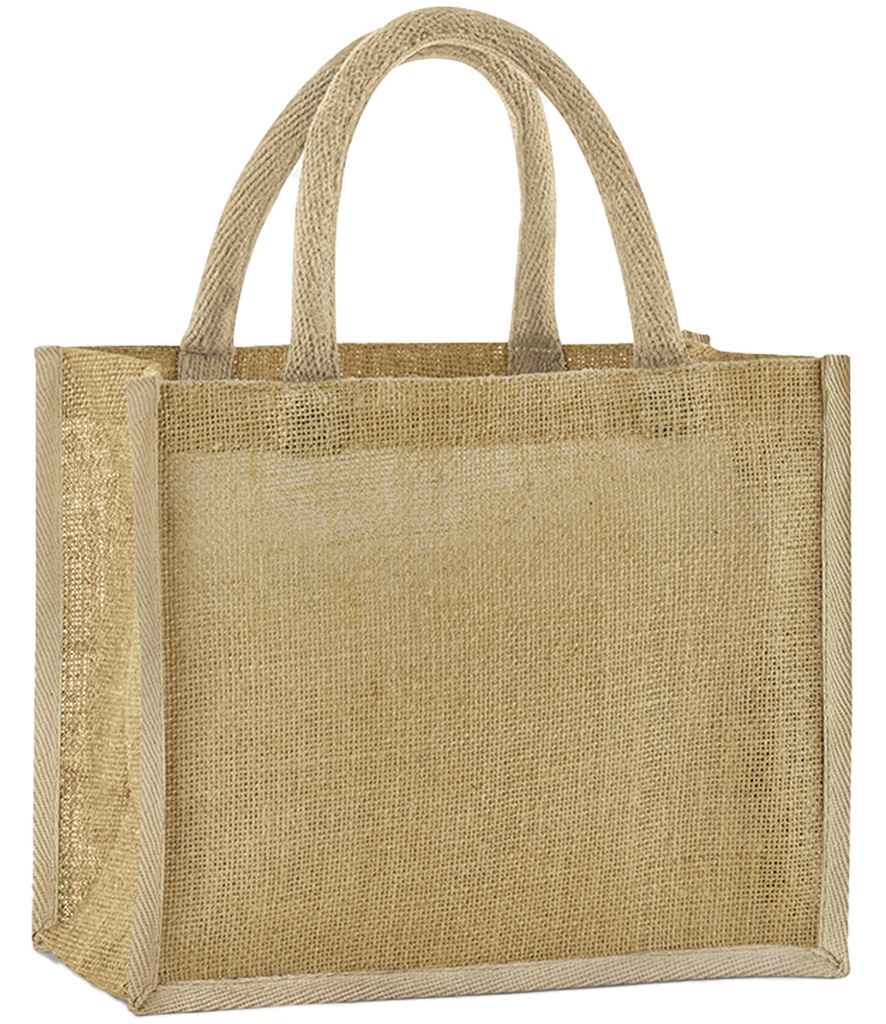 The Westford Mill Natural Starched Jute Midi Tote Bag is a plain, rectangular tote with reinforced seams, cotton handles, and a coarse woven texture. Light brown and unadorned, it offers a roomy 14L capacity. Brand: Westford Mill.
