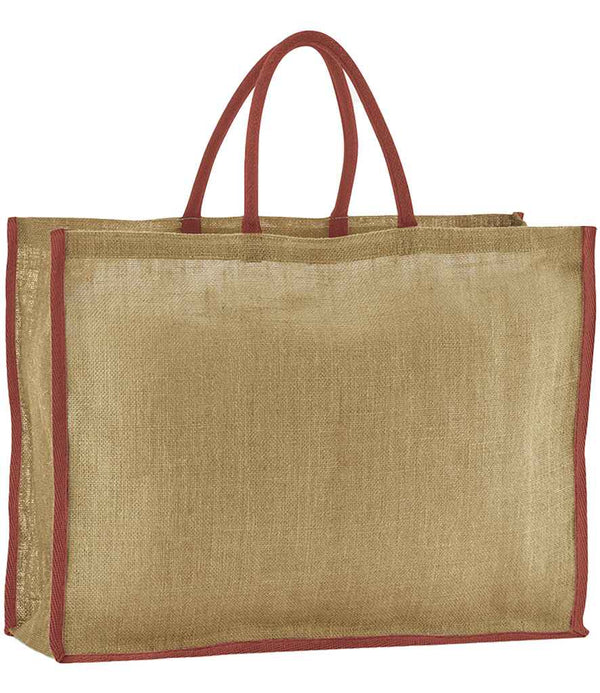 The Westford Mill Natural Starched Jute Market Shopper, a rectangular tan tote bag with sturdy cotton handles and maroon edge trim, featuring a cut-out label, stands upright against a white background.