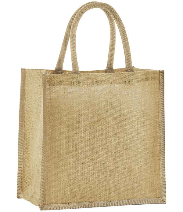 The Westford Mill Natural Starched Jute Mini Gift Bag by Westford Mill is a plain, rectangular beige jute tote with 6L capacity, two short cotton handles, visible woven texture, and reinforced edge seams.