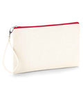 The Westford Mill Canvas Wristlet Pouch by Westford Mill is an off-white, heavyweight zippered pouch with a red zipper and detachable wristlet strap, shown upright on a white background—ideal as a versatile accessory.