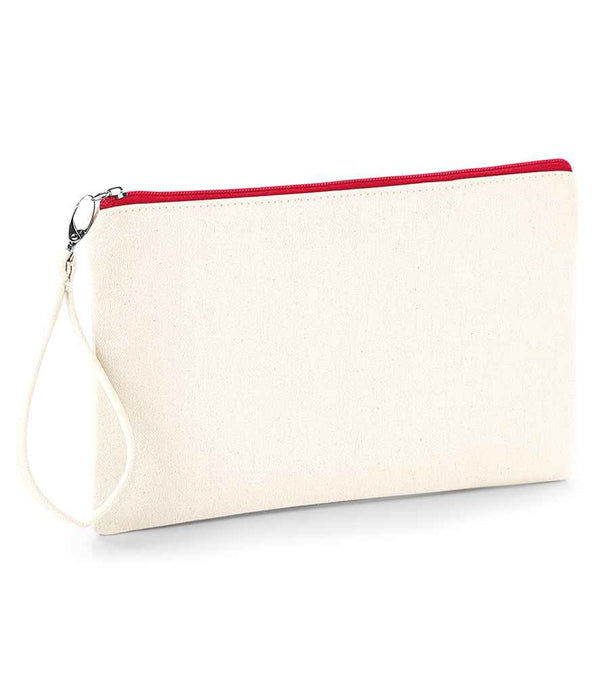 The Westford Mill Canvas Wristlet Pouch by Westford Mill is an off-white, heavyweight zippered pouch with a red zipper and detachable wristlet strap, shown upright on a white background—ideal as a versatile accessory.