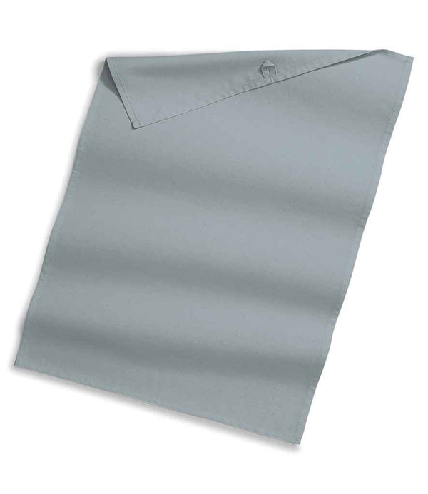 The Westford Mill Organic Cotton Tea Towel by Westford Mill is light gray and rectangular, shown flat with one corner folded to reveal a stitched detail and a handy hanging loop for easy storage.