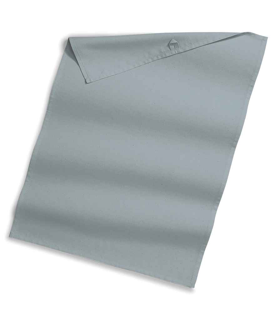 The Westford Mill Organic Cotton Tea Towel by Westford Mill is light gray and rectangular, shown flat with one corner folded to reveal a stitched detail and a handy hanging loop for easy storage.