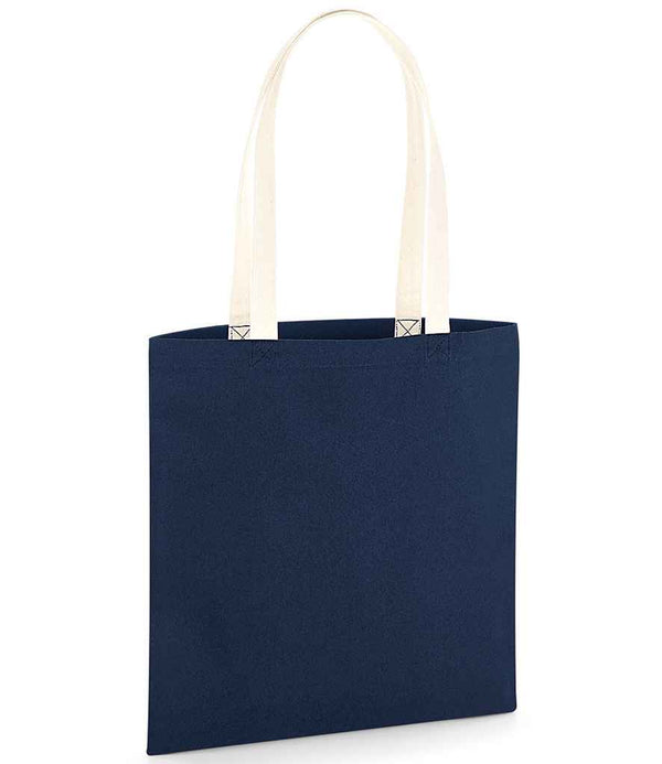 The Westford Mill EarthAware® Organic Bag For Life - Contrast Handles by Westford Mill is a plain navy tote with long, off-white straps, a simple rectangular shape, and heavyweight fabric, shown upright against a white background without logos or patterns.