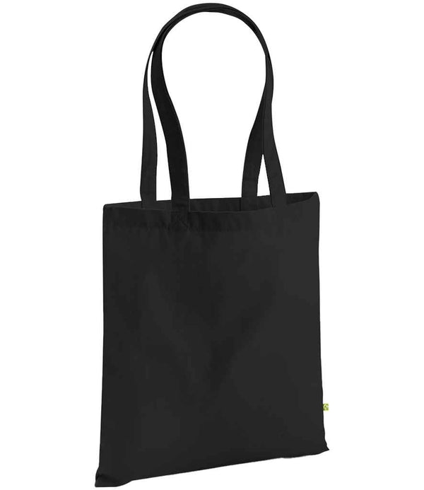 The Westford Mill EarthAware® Organic Bag For Life is a plain black tote with a 10L capacity and two long shoulder straps. Photographed empty against a white background, it features a simple, unadorned design from Westford Mill.