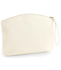 The Westford Mill EarthAware® Organic Spring Wristlet is a plain off-white zippered pouch with a wristlet strap, crafted from premium heavyweight fabric for durability and style, and features a simple curved top design.