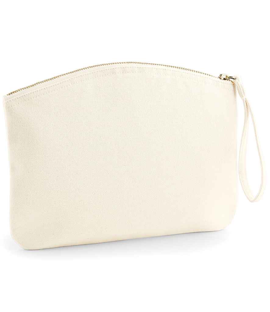 The Westford Mill EarthAware® Organic Spring Wristlet is a plain off-white zippered pouch with a wristlet strap, crafted from premium heavyweight fabric for durability and style, and features a simple curved top design.