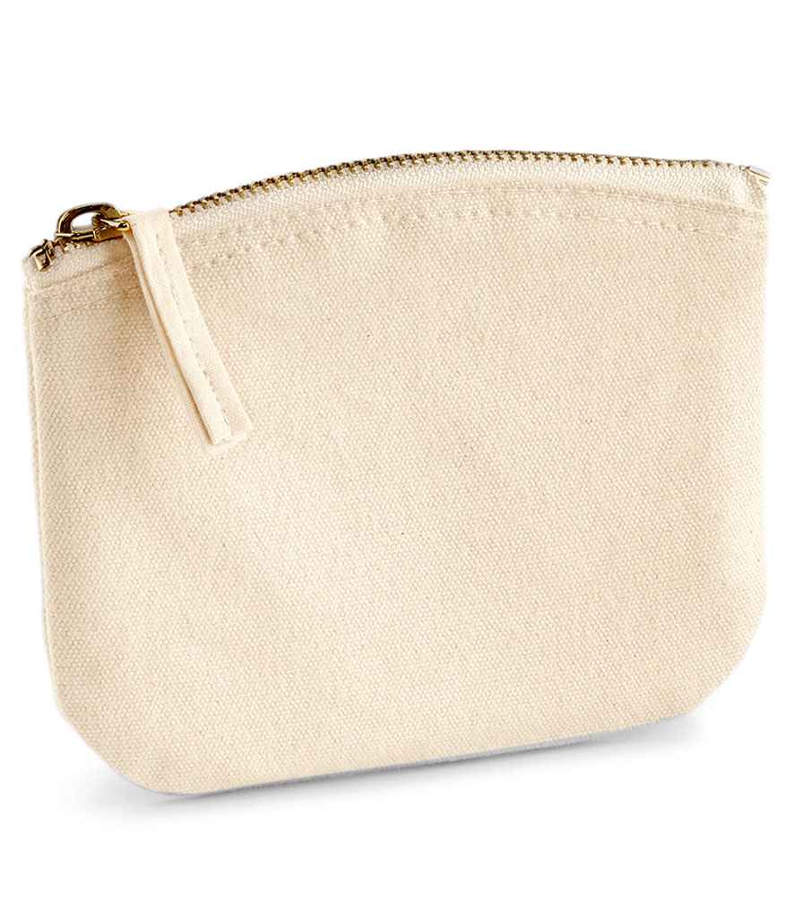 The Westford Mill EarthAware® Organic Spring Purse is a small, beige canvas zipper pouch made from heavyweight fabric with a gold zip and fabric pull. It stands upright against a white background and has a 0.25-litre capacity.