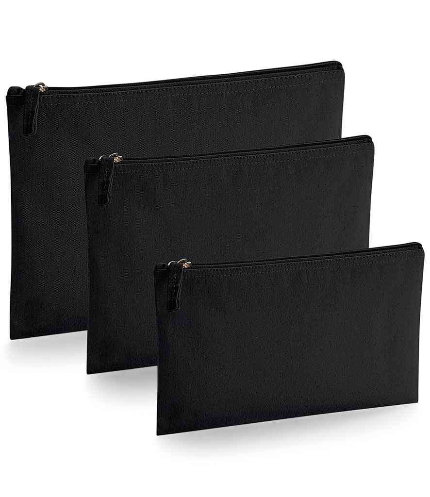 Three Westford Mill EarthAware® Organic Accessory Pouches are arranged in a staggered row on a white background. Each features a visible zip closure with pull tab and is crafted from premium heavyweight fabric.