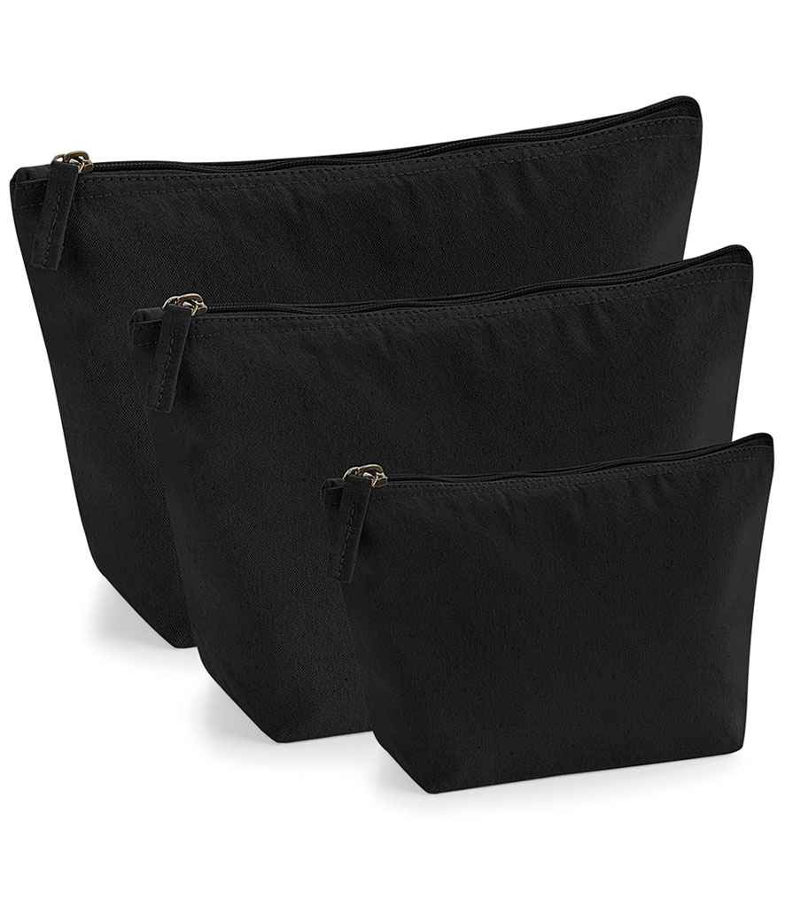 Three Westford Mill EarthAware® Organic Accessory Bags, in black and varying sizes, stand upright in front of each other against a white background. Crafted from premium heavyweight fabric by Westford Mill.