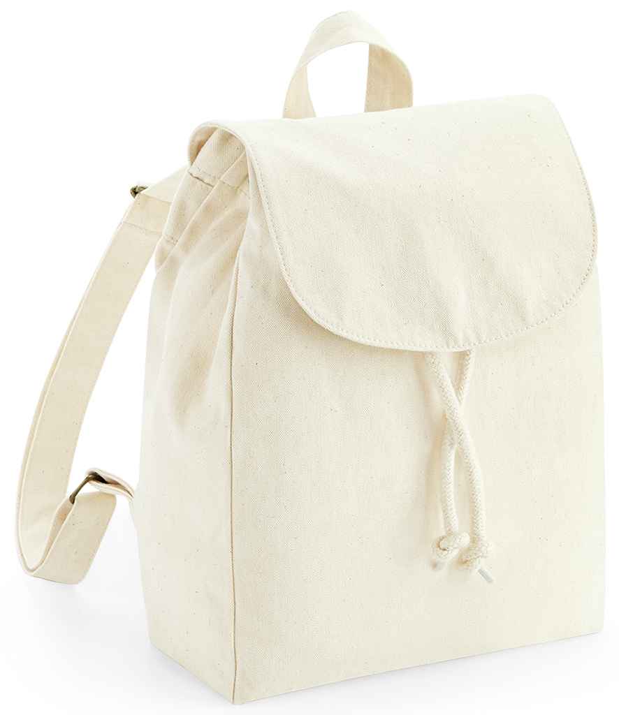 The Westford Mill EarthAware® Organic Mini Rucksack by Westford Mill is an off-white heavyweight canvas backpack with a flap and rope drawcord closure, adjustable shoulder straps, and a top handle.
