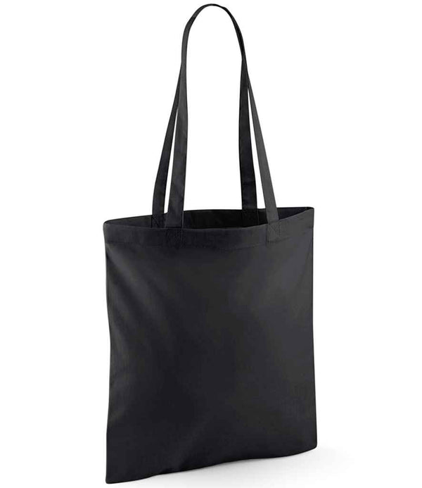 The Westford Mill Recycled Cotton Tote Bag by Westford Mill is a plain black tote with a 10L capacity and two long shoulder handles. It stands upright against a white background, appearing empty with no visible logos, designs, or patterns.