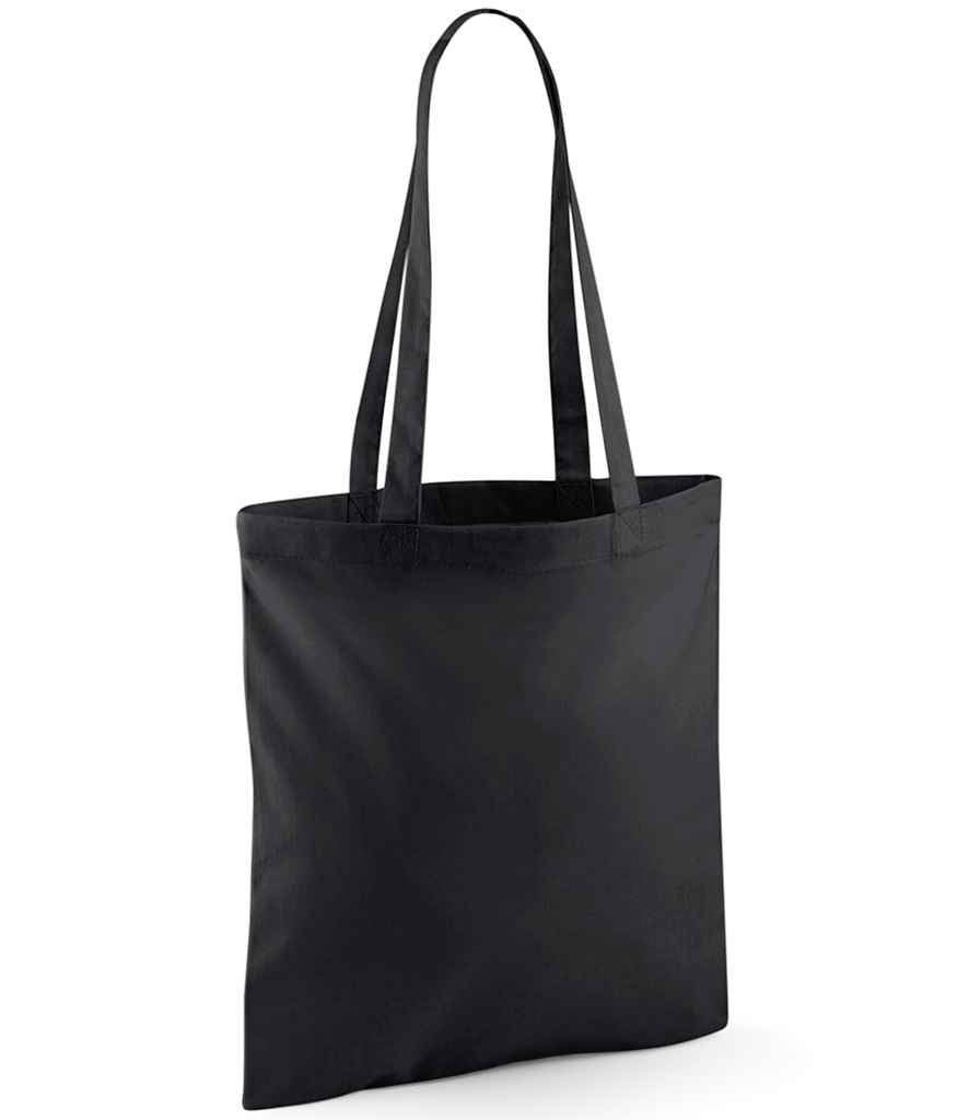 The Westford Mill Recycled Cotton Tote Bag by Westford Mill is a plain black tote with a 10L capacity and two long shoulder handles. It stands upright against a white background, appearing empty with no visible logos, designs, or patterns.