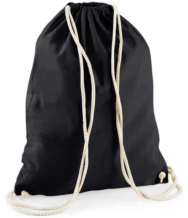 The Westford Mill Recycled Cotton Gymsac by Westford Mill is a plain black drawstring backpack with white rope straps and a secure drawcord closure, made from recycled cotton and shown upright against a white background, without any visible logos.