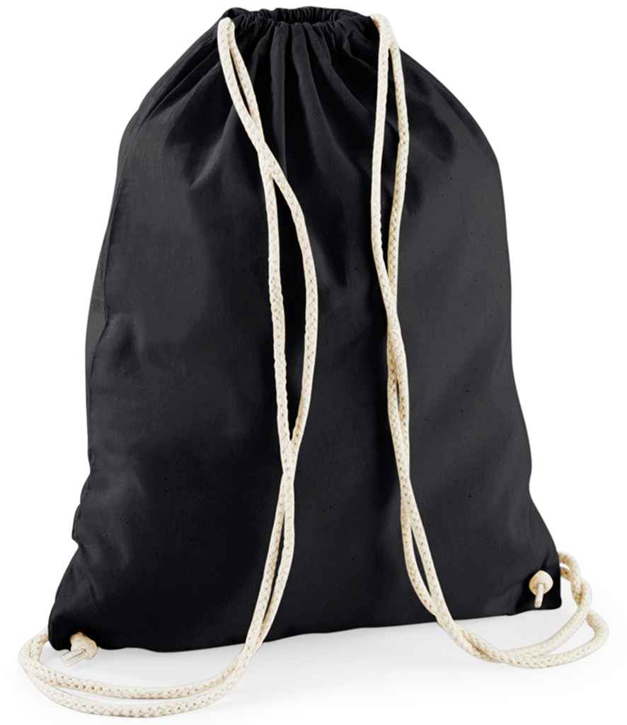 The Westford Mill Recycled Cotton Gymsac by Westford Mill is a plain black drawstring backpack with white rope straps and a secure drawcord closure, made from recycled cotton and shown upright against a white background, without any visible logos.