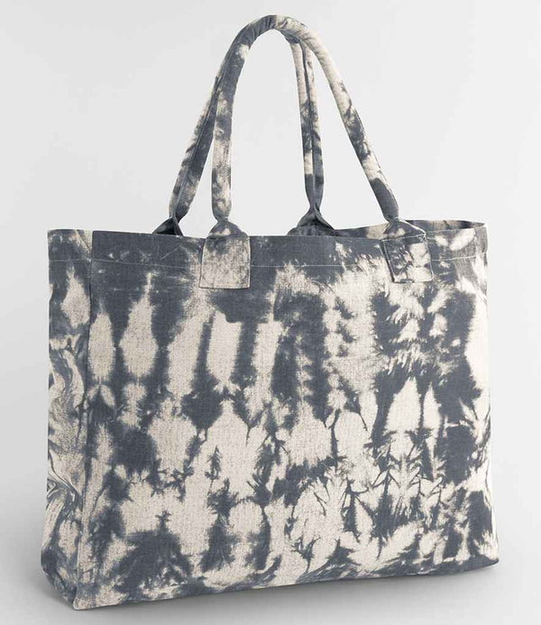 The Westford Mill Tie Dye Canvas Tote Bag by Westford Mill features a large size, two shoulder straps, and a gray/off-white tie dye pattern, shown against a plain light gray background.