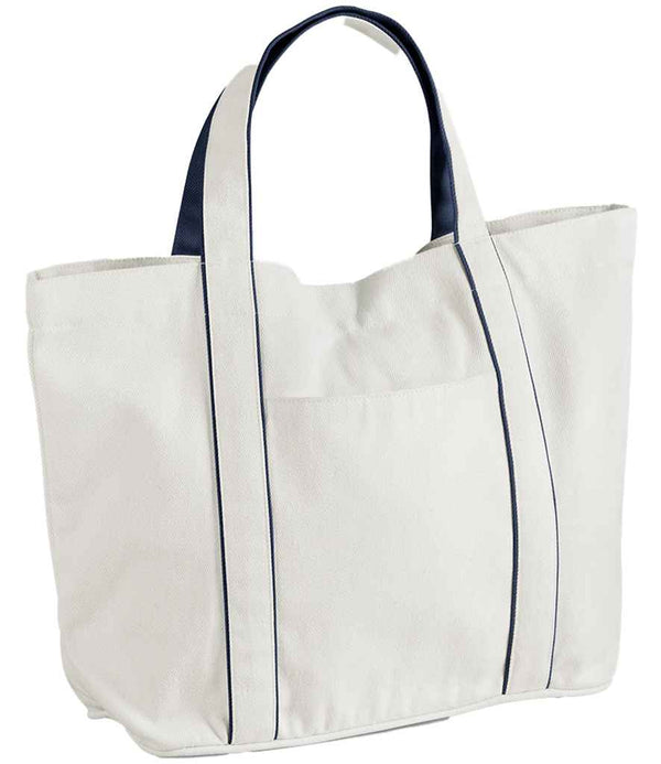 The Westford Mill Courtside Medium Tote Bag by Westford Mill is a plain white recycled cotton bag with black-trimmed seams, two sturdy handles, and a small front exterior pocket.