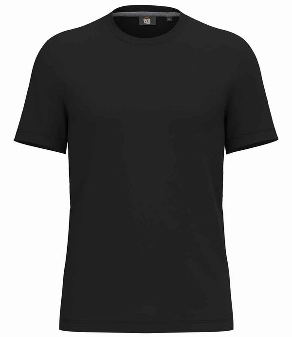 The WK Designed to Work Anti-Bacterial Short Sleeve T-Shirt by WK Designed To Work is shown in plain black with a crew neckline and soft jersey fabric, featuring no visible logos or designs, set against a white background.