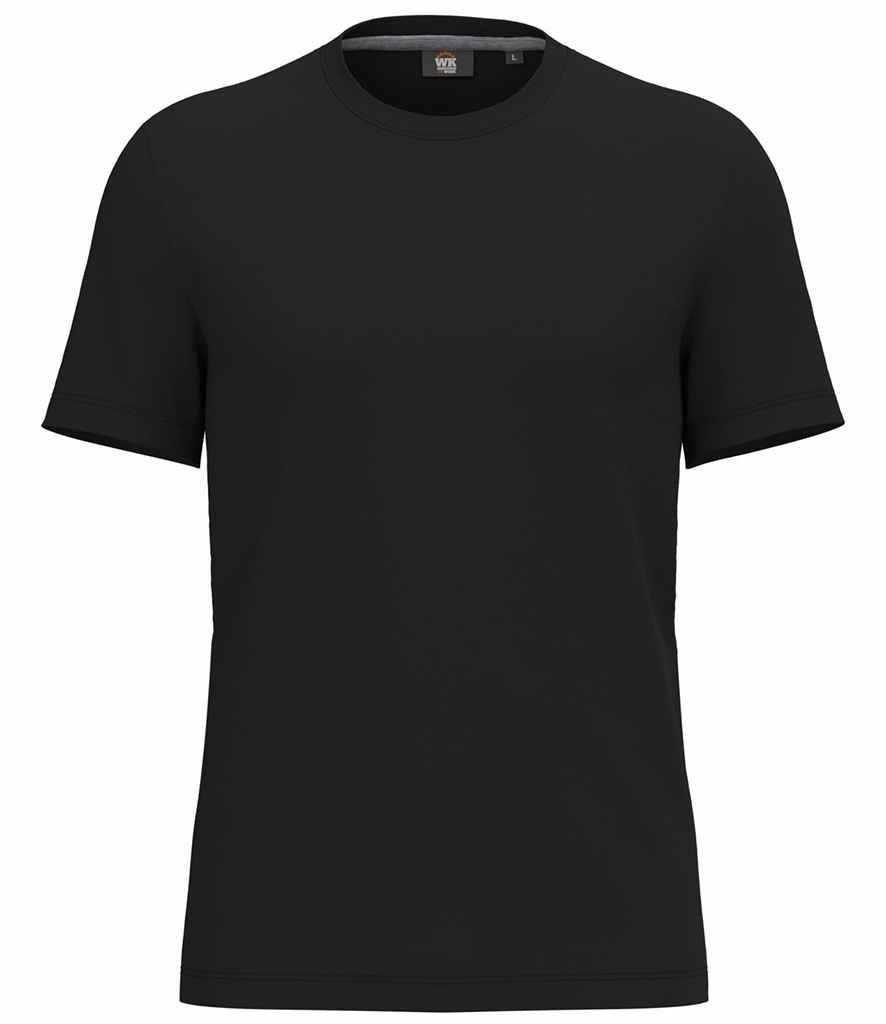 The WK Designed to Work Anti-Bacterial Short Sleeve T-Shirt by WK Designed To Work is shown in plain black with a crew neckline and soft jersey fabric, featuring no visible logos or designs, set against a white background.